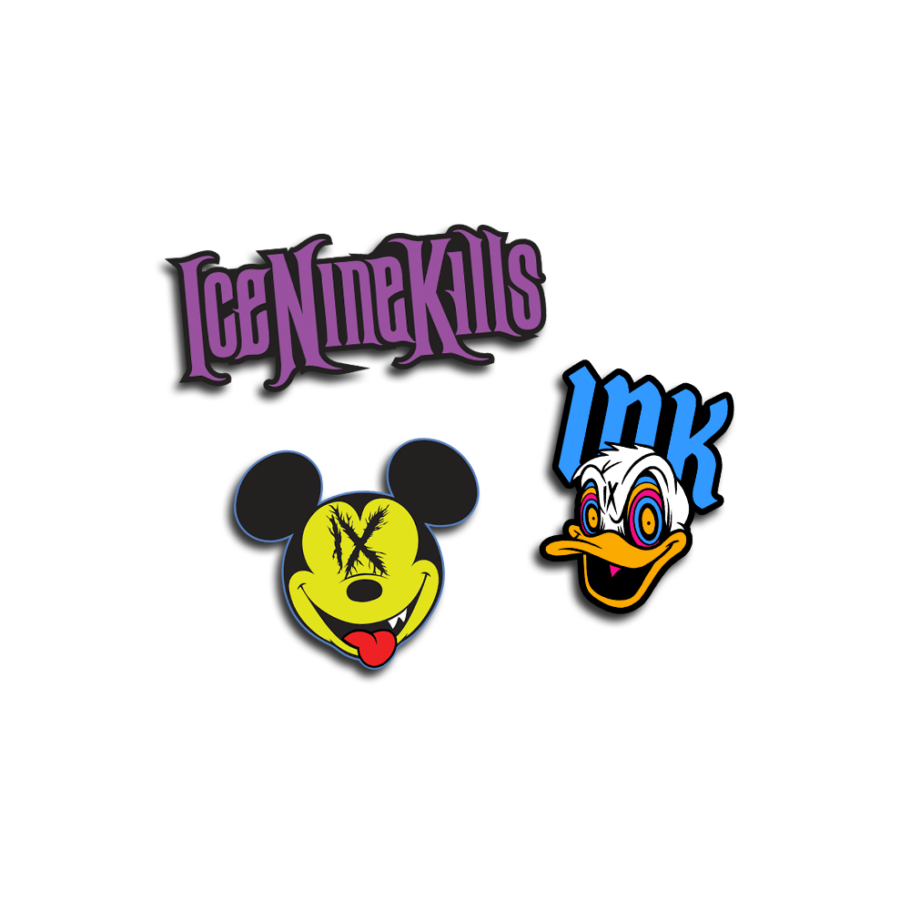 Two cartoon character pins with 'IceNineKills' and 'INK' text on a white background.